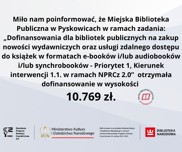 Biblioteka otrzymała w ramach NPRCz 2.0 dofinansowanie w wysykości 10769zł