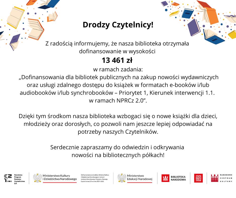 Dofiansowanie na obrazku jest kwota 13461zł otrzymanego wsparcia na zakup książek