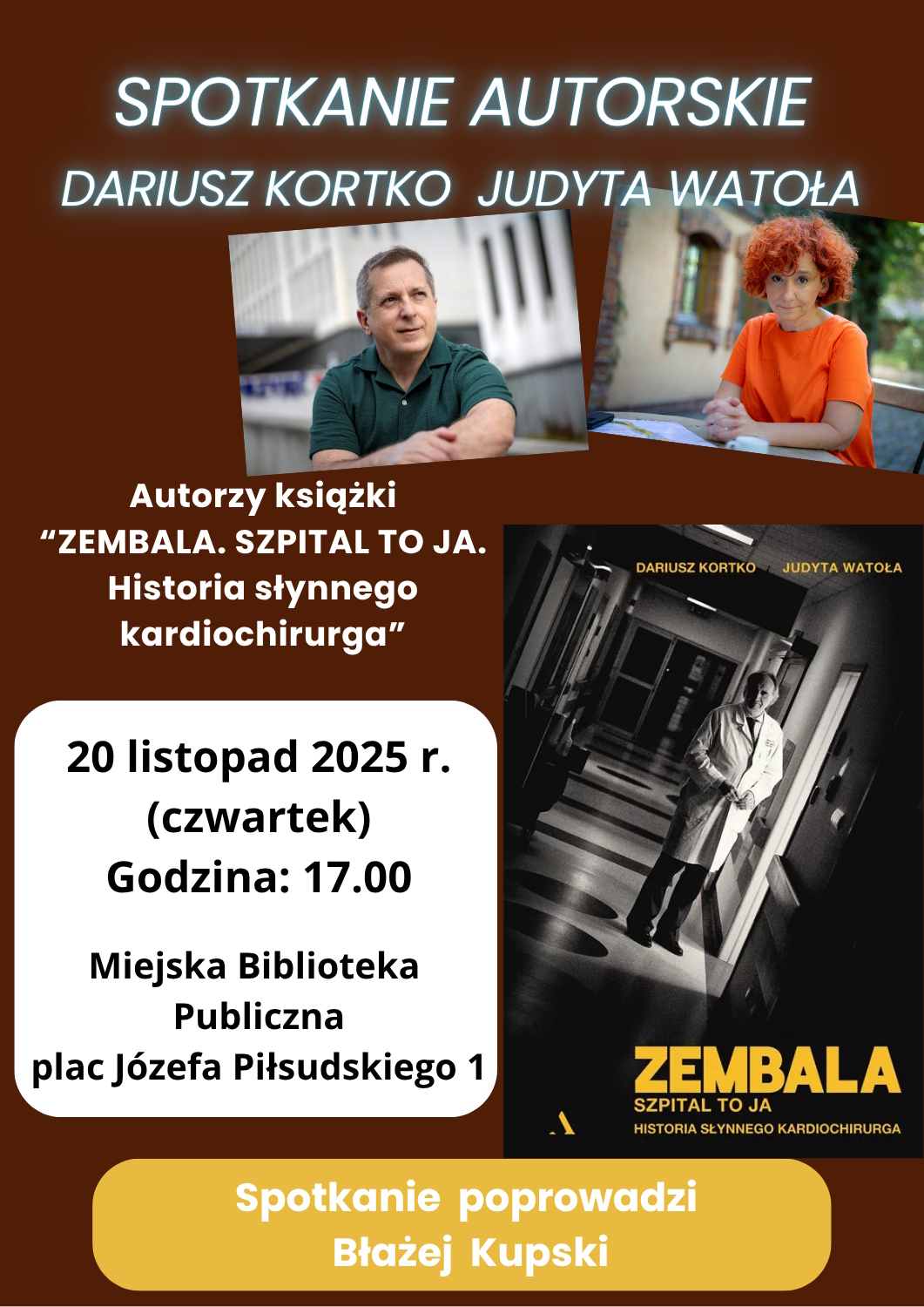 Plakat - spotkanie autorskie, które odbędzie się 20 listopada 2025 roku o godzinie 17 w miejskiej bibliotece publicznej w pyskowicach pod adresem plac józefa piłsudskiego 1
