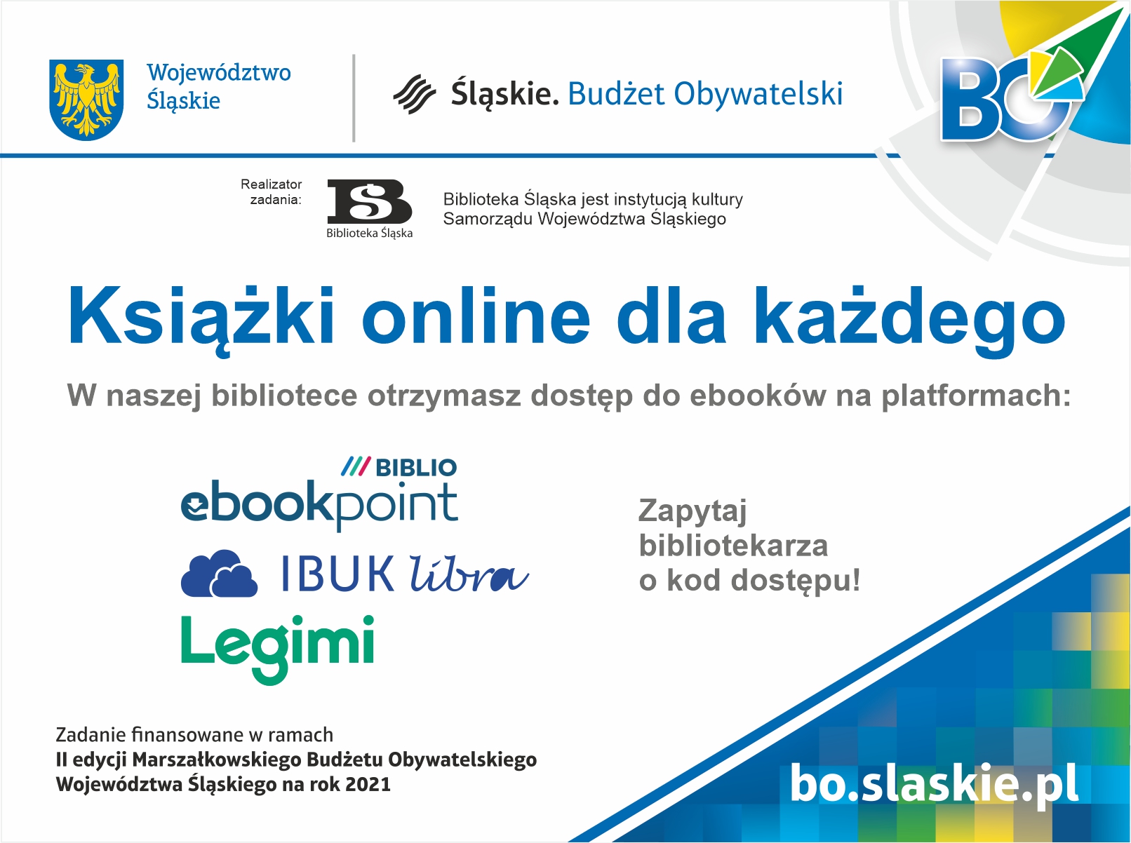 Plakat "Książki online dla każdego" W naszej bibliotece otrzymasz dostęp do ebooków...