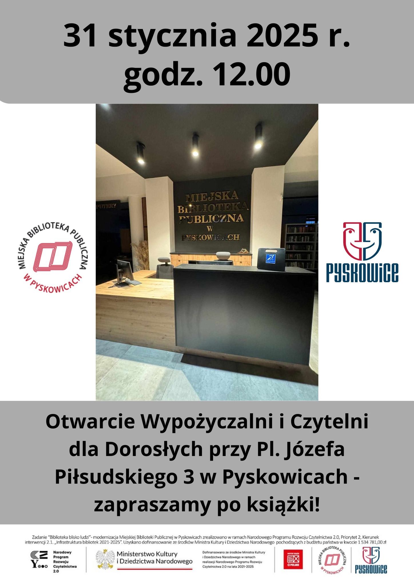 Nadchodzi chwila, na którą wszyscy czekamy! 🤩 Już w piątek 31 stycznia 2025 r. o godz. 12.00 zapraszamy do zmodernizowanych przestrzeni Wypożyczalni i Czytelni dla Dorosłych MBP w Pyskowicach