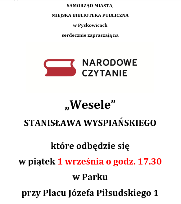 Plakat - Narodowe czytanie 1 września 2017 o godz. 17:30 w parku przy placu Józefa Piłsudskiego