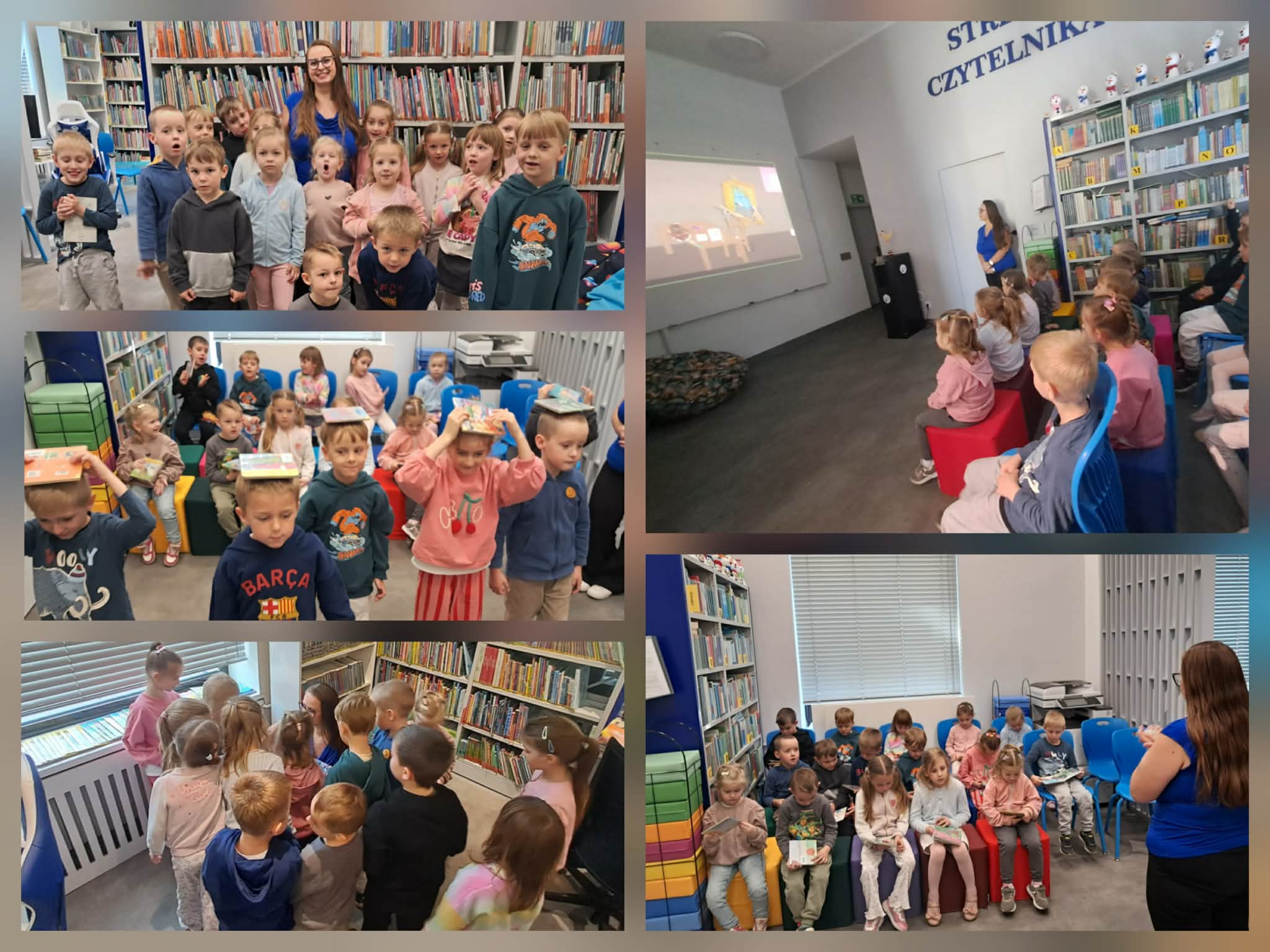 Grupa dzieci z&nbsp;Bibliotekarką pozują do zdjęcia